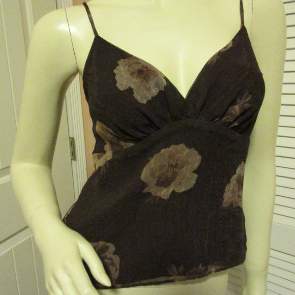 Y2K Vintage 90s Womens V-Neck Floral Top 6 P Made USA Spaghetti Cami Dark Brown - Picture 3 of 8